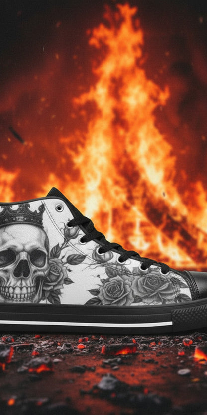 Men's Skull Monochrome Gothic Dark Art high-top canvas shoes, custom full-wrap printed design — Freaky Shoes