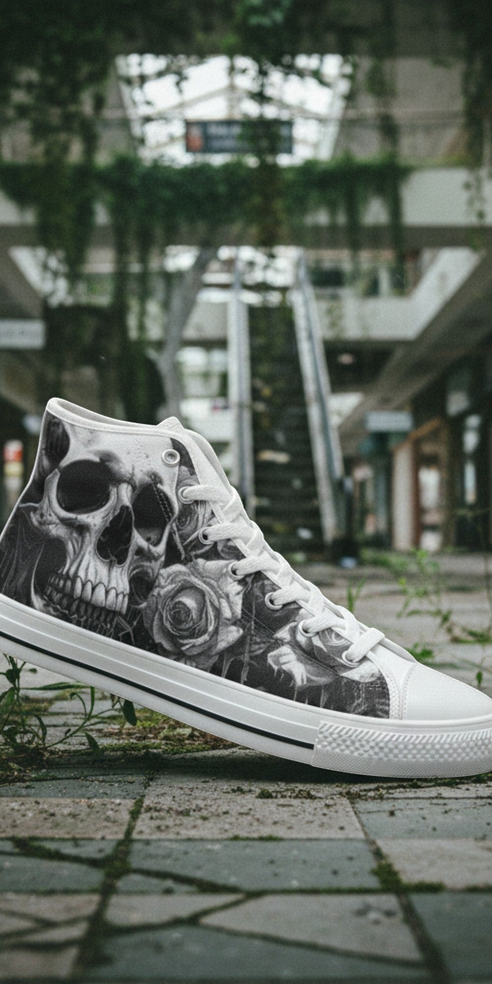 Freaky Shoes® gothic high top canvas sneakers featuring a grey and black skull and rose print with lace-up closure.