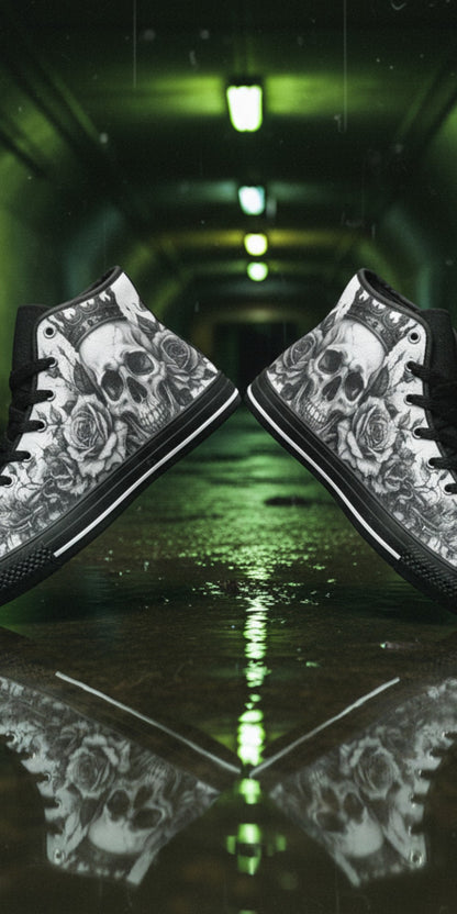 Custom Women's Dark Monochrome Skull Gothic Art high-top canvas shoes with bold all-over art — Freaky Shoes