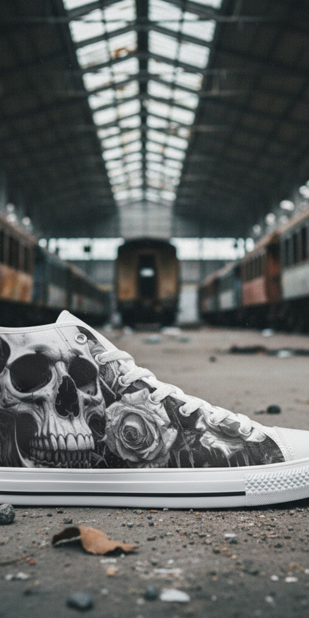 Men's Greyscale Skull Art Dark Gothic high-top canvas shoes — one-of-a-kind custom printed art, Freaky Shoes