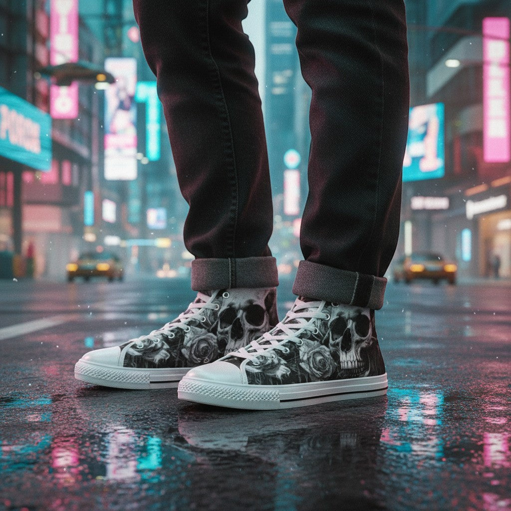 Freaky Shoes® men's high top canvas sneakers featuring a grey and black skull and rose gothic print on a city street