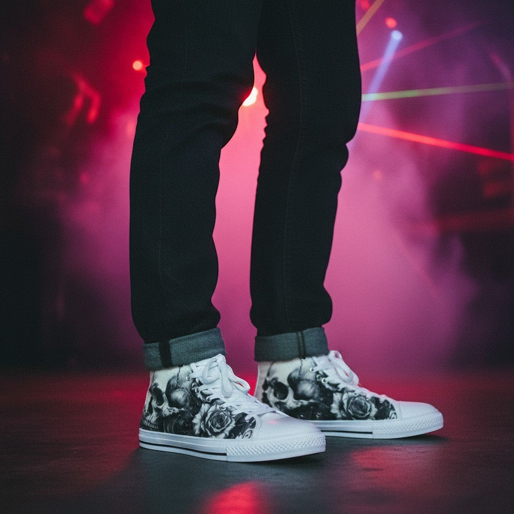 Freaky Shoes® men's high-top canvas sneakers featuring a black and white gothic skull and rose art print