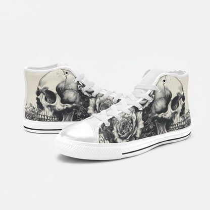Freaky Shoes® men's high-top canvas sneakers featuring a black and white gothic skull and rose art print