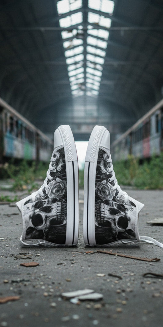 Freaky Shoes® women's dark gothic high top canvas sneakers featuring a greyscale skull art print in an urban setting.