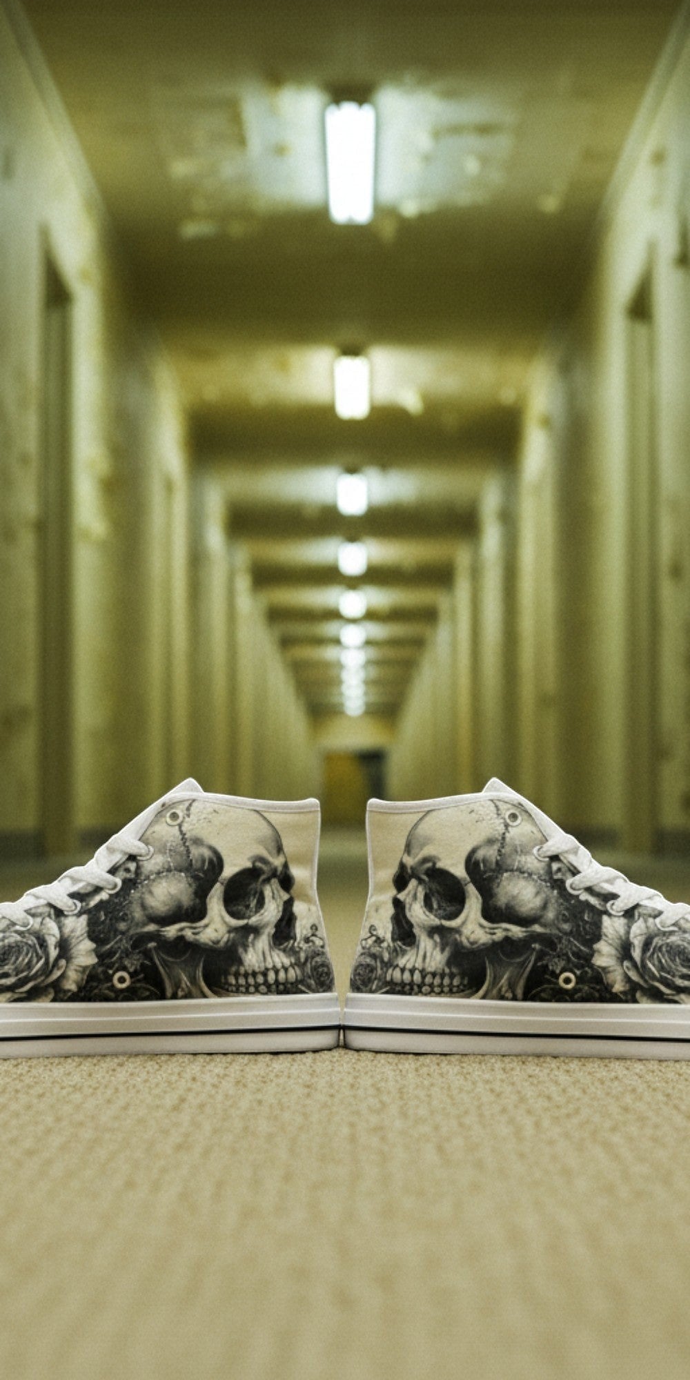 Men's Black White Skull Gothic Art high-top canvas shoes, custom full-wrap printed design — Freaky Shoes