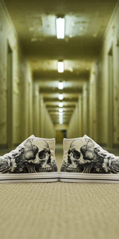 Men's Black White Skull Gothic Art high-top canvas shoes, custom full-wrap printed design — Freaky Shoes