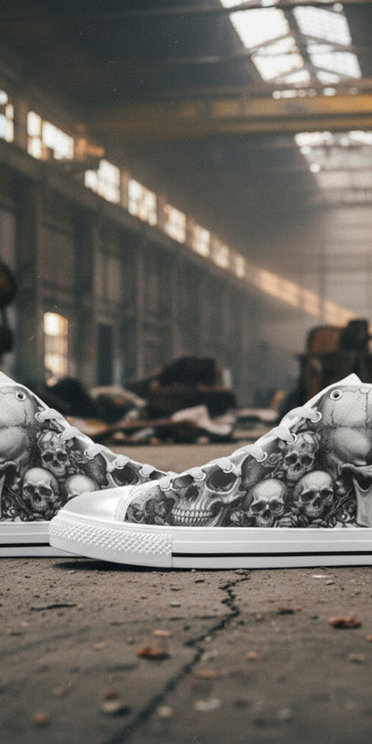 Men's Grey Skull Gothic Dark Art high-top canvas shoes, custom full-wrap printed design — Freaky Shoes