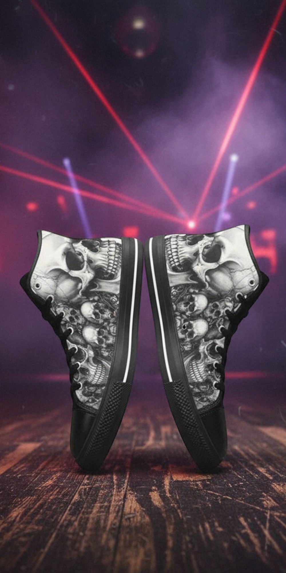 Women's Grey Skull & Moon Dark Gothic hand-made high-top canvas shoes — unique wearable art by Freaky Shoes