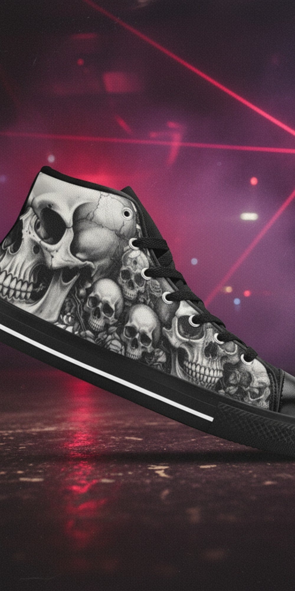 Custom Women's Grey Skull & Moon Dark Gothic high-top canvas shoes with bold all-over art — Freaky Shoes