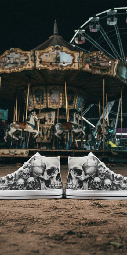 Custom Women's Monochrome Dark Art Skull Gothic high-top canvas shoes with bold all-over art — Freaky Shoes