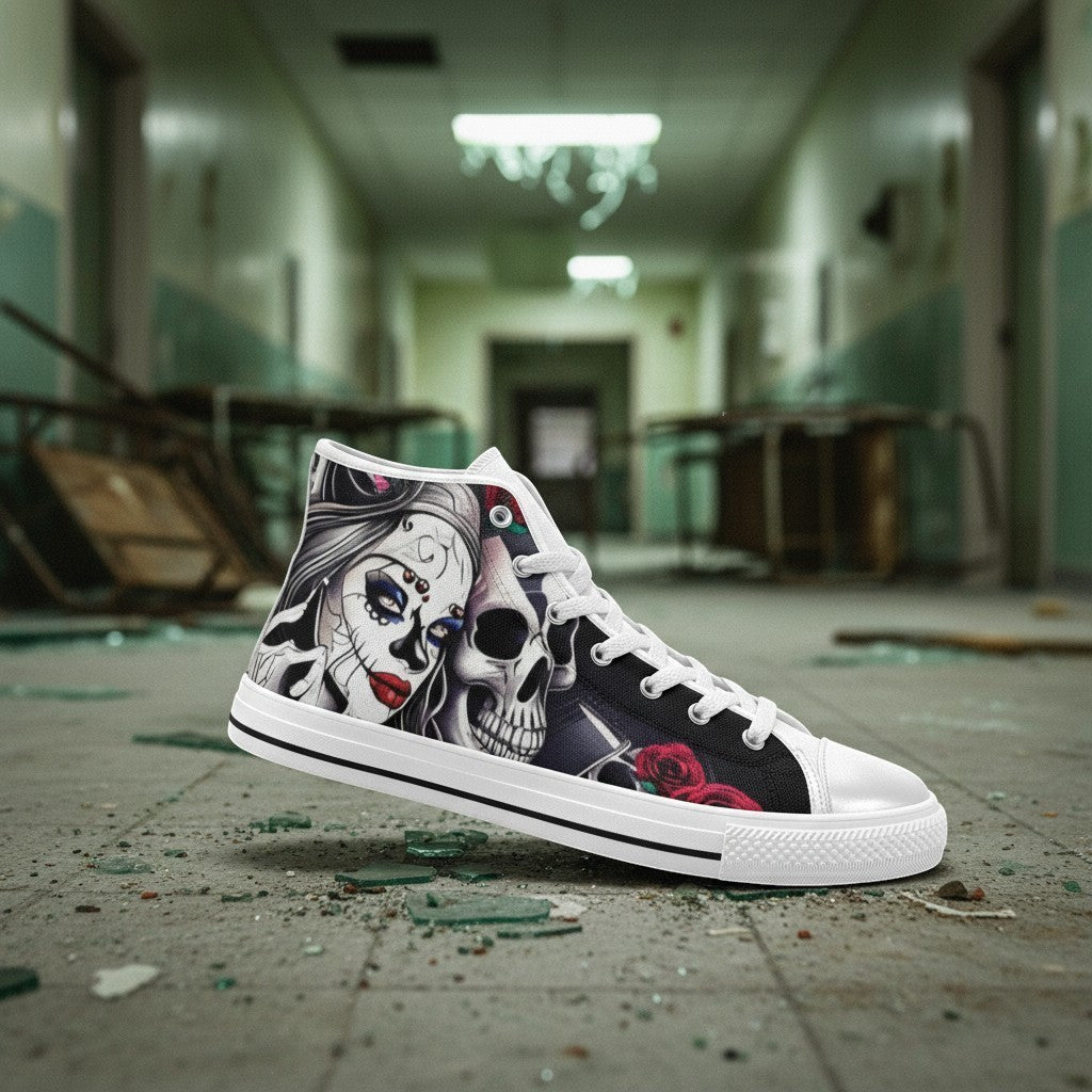 Freaky Shoes® women's high-top canvas sneakers featuring a detailed sugar skull and woman graphic print.