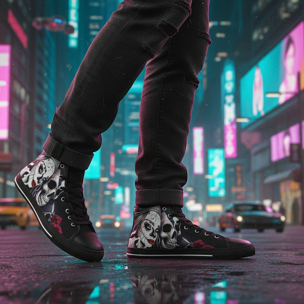 Freaky Shoes® men's high-top canvas sneakers featuring a vibrant woman and skull graphic design on a city street.