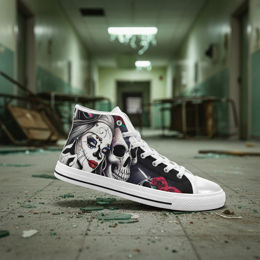 Freaky Shoes® women's high-top canvas sneakers featuring a detailed sugar skull and woman graphic print.