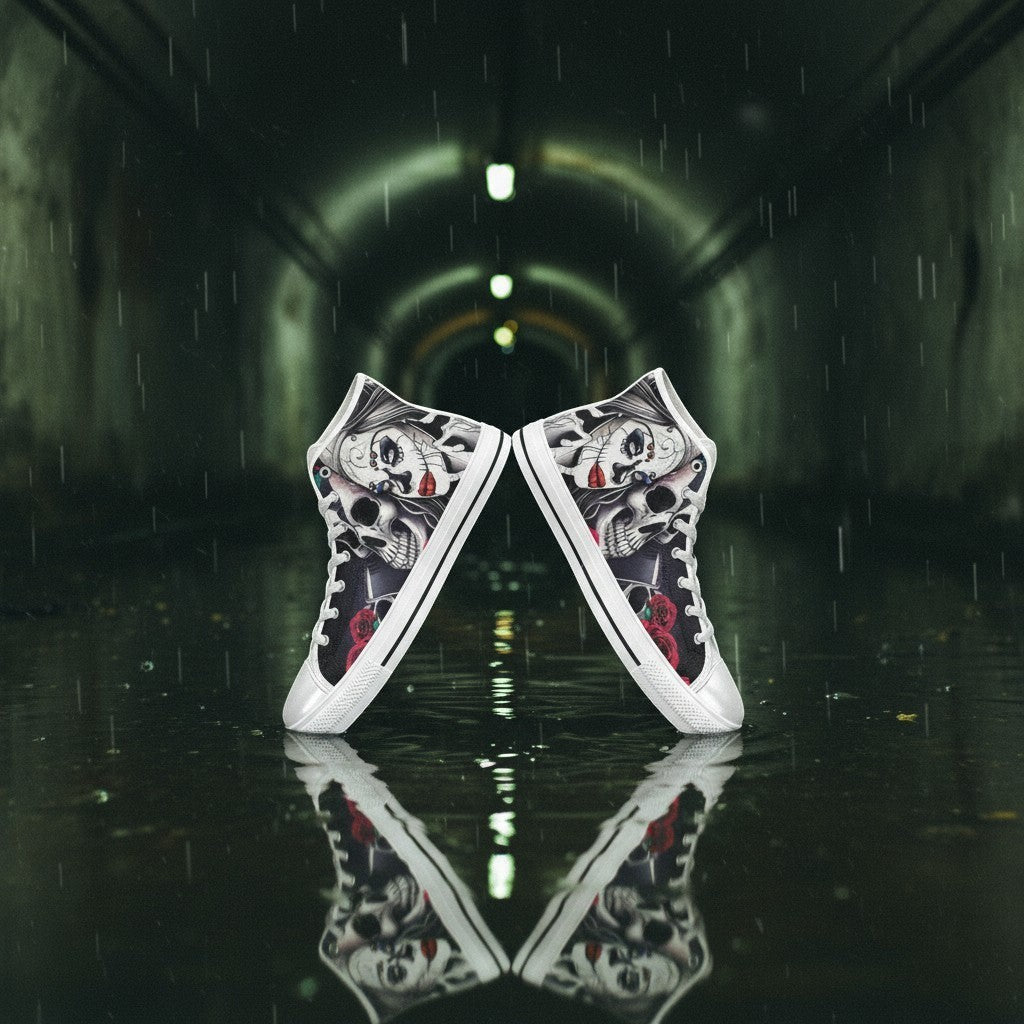 Freaky Shoes® high-top canvas sneakers featuring a gothic woman and skull print with red roses in a rainy tunnel.