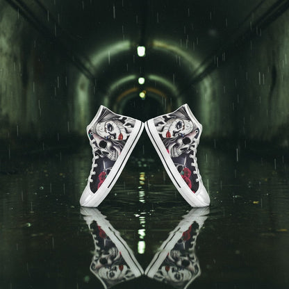 Freaky Shoes® high-top canvas sneakers featuring a gothic woman and skull print with red roses in a rainy tunnel.