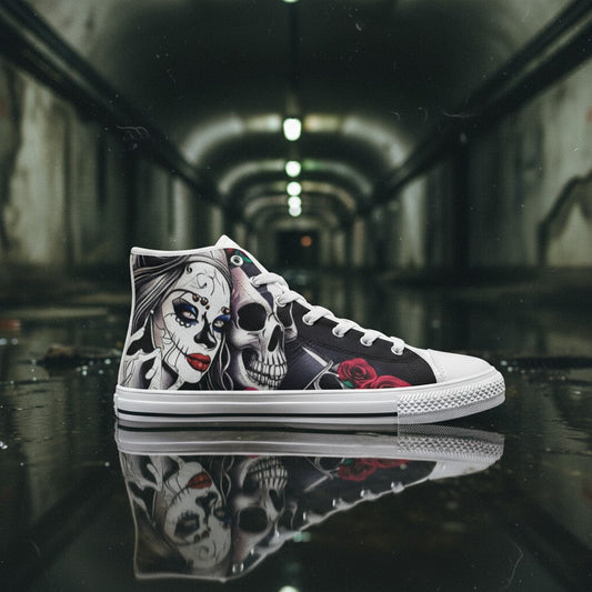 Freaky Shoes® high-top canvas sneakers featuring a detailed woman and skull print with red roses on a dark background