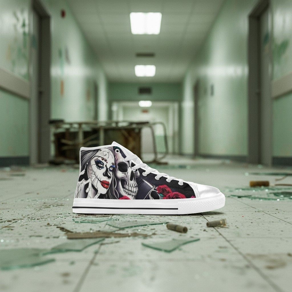 Freaky Shoes® women's high-top canvas sneakers featuring a detailed sugar skull and rose graphic print.