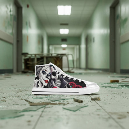 Freaky Shoes® women's high-top canvas sneakers featuring a detailed sugar skull and rose graphic print.