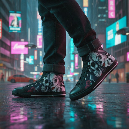 Freaky Shoes® men's high-top canvas sneakers featuring a vibrant woman and skull art print on a city street.