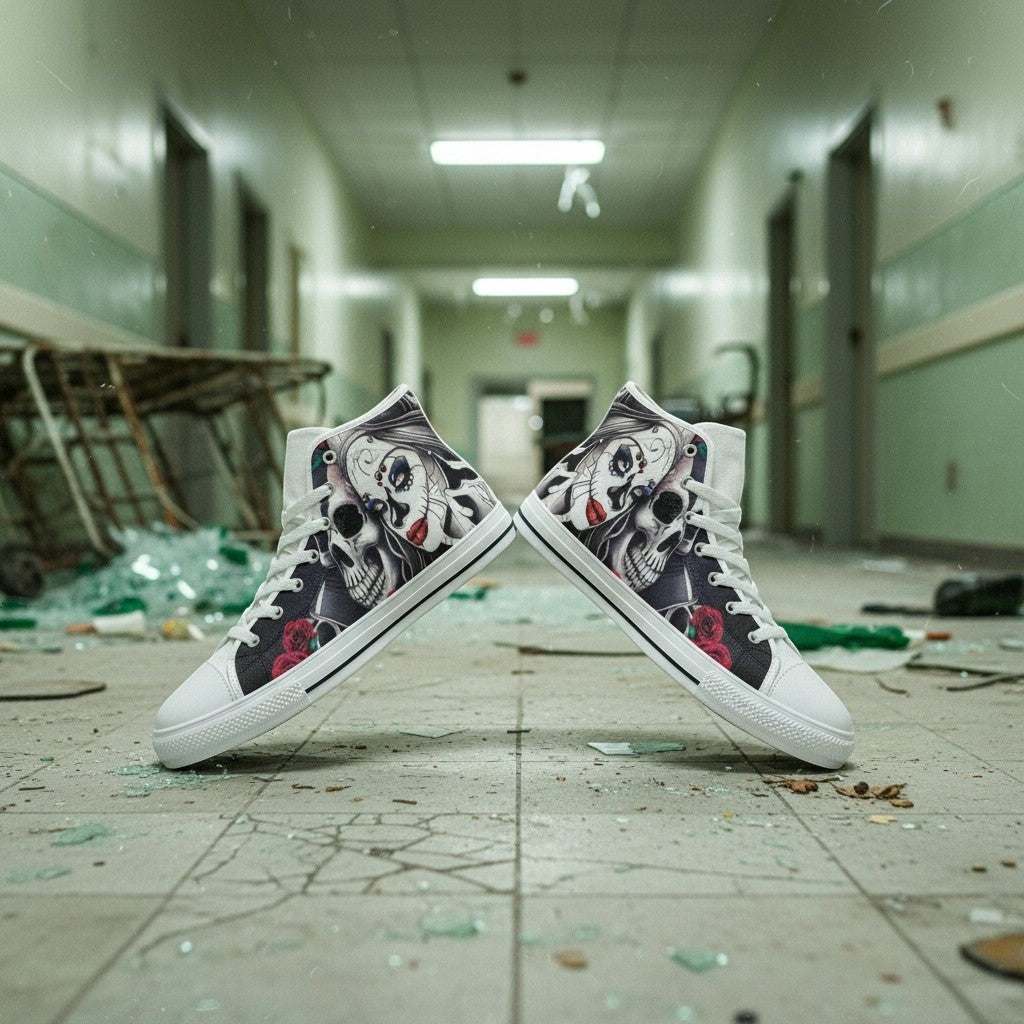 Freaky Shoes® women's white high-top canvas sneakers featuring a bold sugar skull and rose graphic print