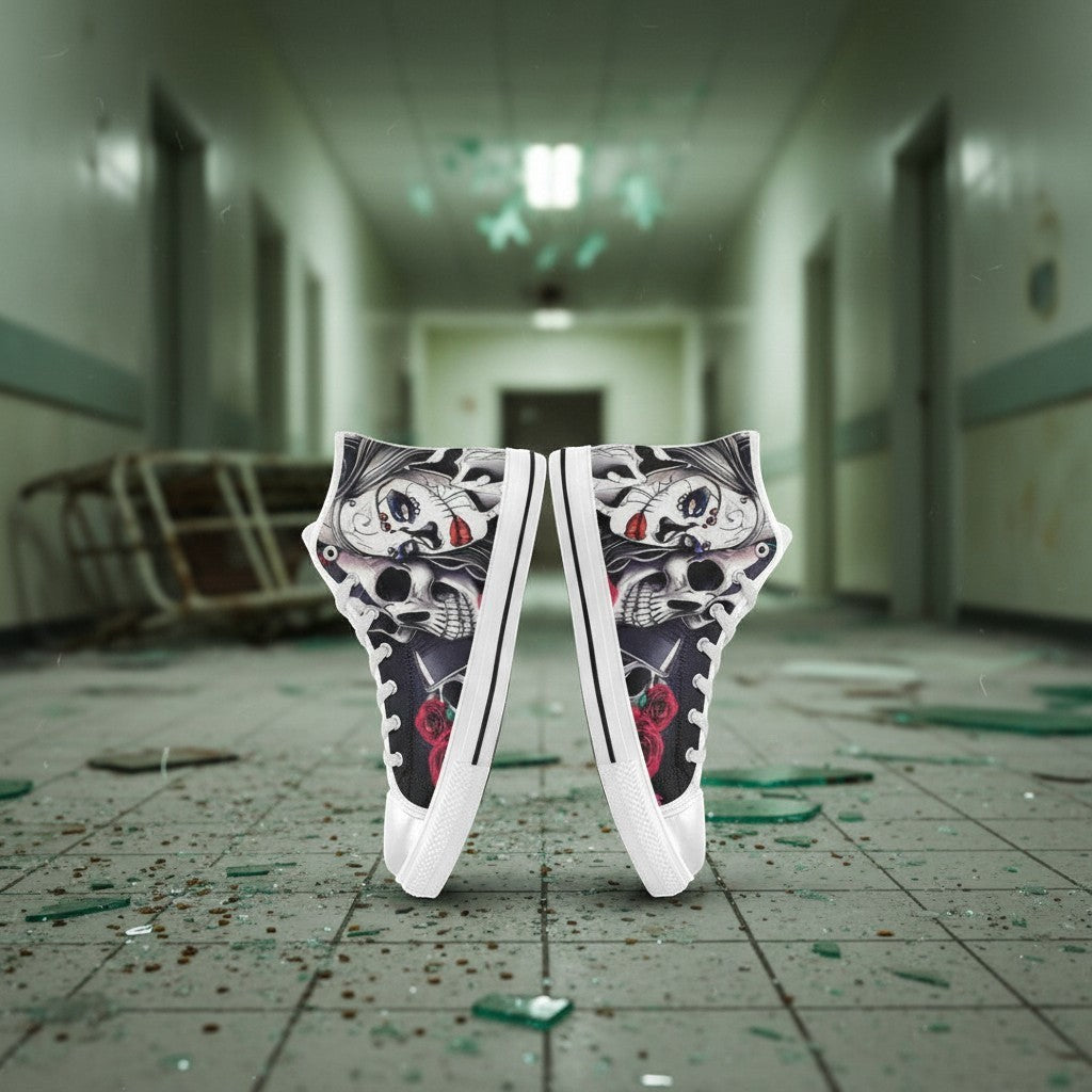 Freaky Shoes® women's high-top canvas sneakers featuring a black and white sugar skull and rose graphic print