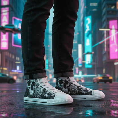 Freaky Shoes® men's gothic high top canvas sneakers featuring a grey and black skull print in a neon city setting.