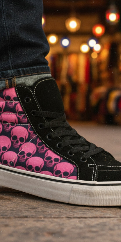 Freaky Shoes® women's high top skate sneakers featuring a pink and black skull comix print on a black canvas base.