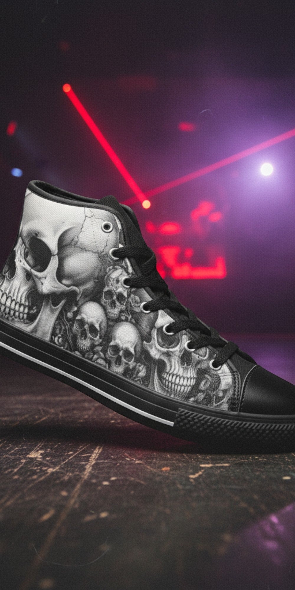 Women's Grey Skull & Moon Dark Gothic high-top canvas shoes, custom full-wrap printed design — Freaky Shoes