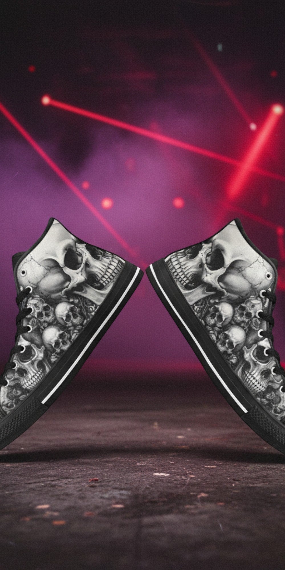 Custom Women's Grey Skull & Moon Dark Gothic high-top canvas shoes with bold all-over art — Freaky Shoes
