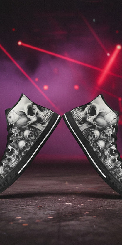 Custom Women's Grey Skull & Moon Dark Gothic high-top canvas shoes with bold all-over art — Freaky Shoes
