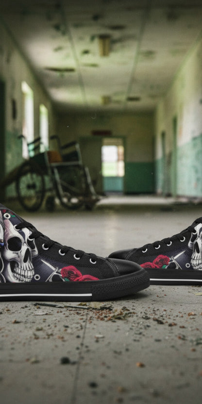 Men's Skulls high-top canvas shoes, custom full-wrap printed design — Freaky Shoes