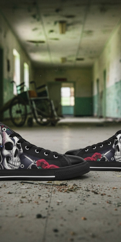 Men's Skulls high-top canvas shoes, custom full-wrap printed design — Freaky Shoes