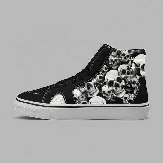 Freaky Shoes® women's high-top canvas skateboarding sneakers featuring a black and white skull pattern side profile
