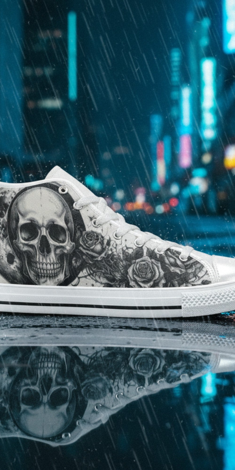 Custom Men's Skull Moon Gothic Dark Art high-top canvas shoes with bold all-over art — Freaky Shoes