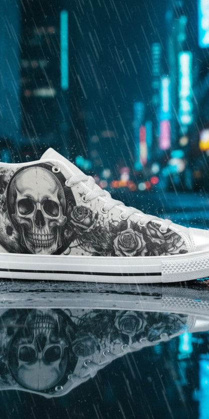 Custom Men's Skull Moon Gothic Dark Art high-top canvas shoes with bold all-over art — Freaky Shoes