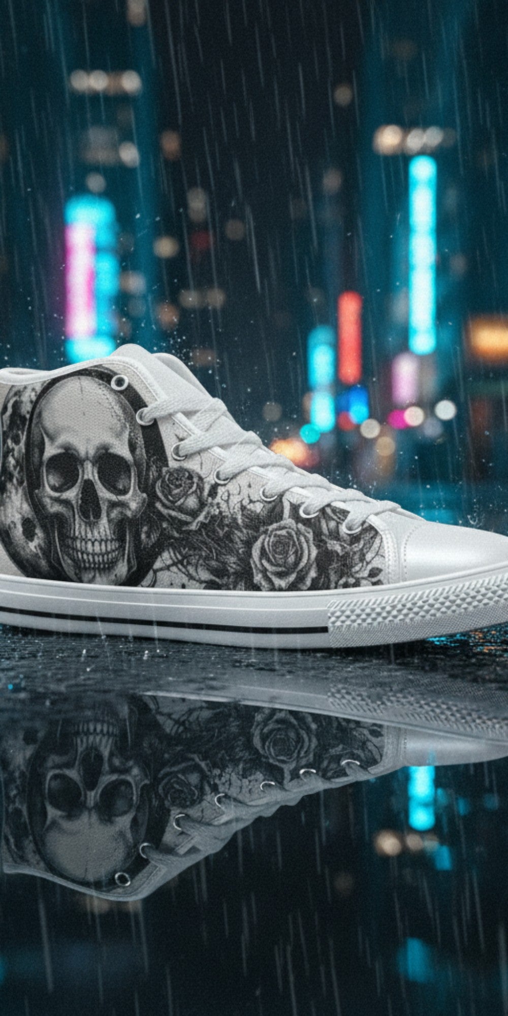 Men's Skull Moon Gothic Dark Art high-top canvas shoes, custom full-wrap printed design — Freaky Shoes