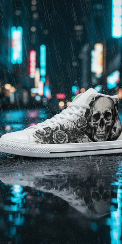 Custom Men's Skull Moon Gothic Dark Art high-top canvas shoes with bold all-over art — Freaky Shoes