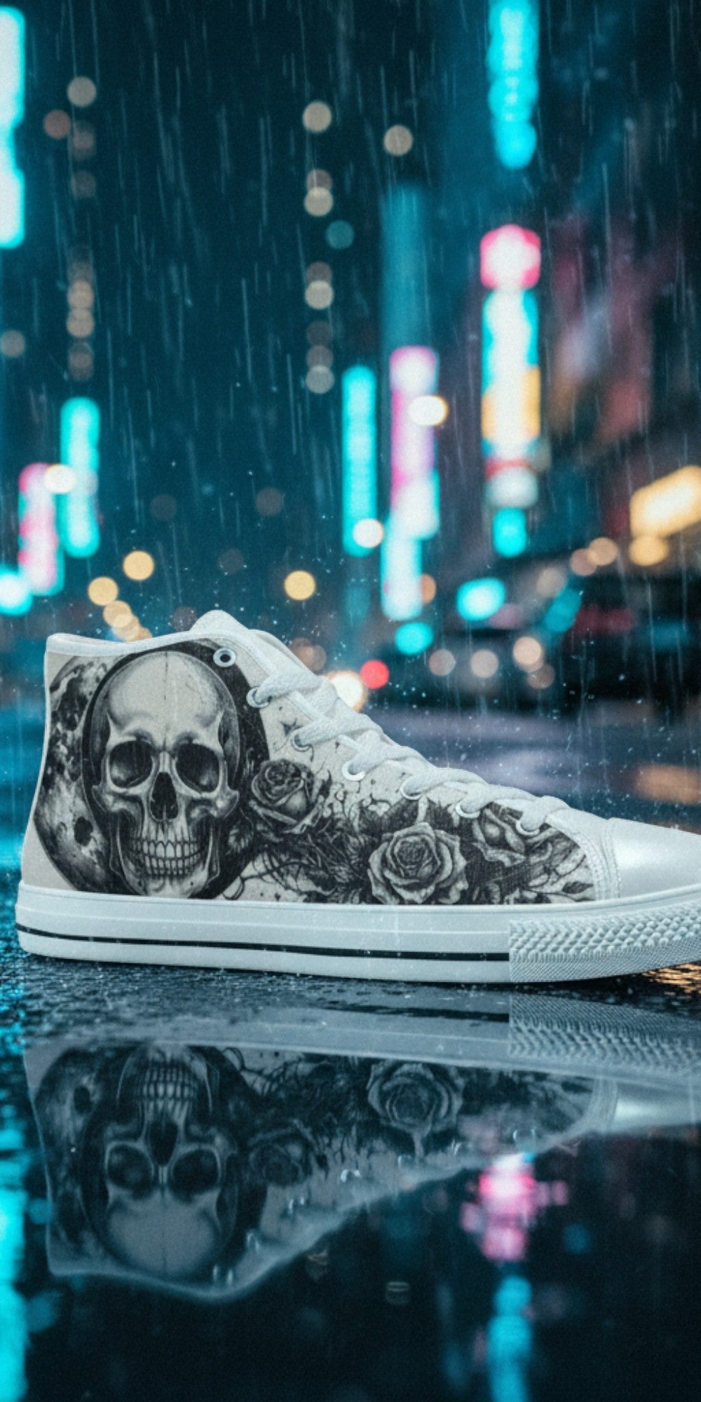 Men's Skull Moon Gothic Dark Art hand-made high-top canvas shoes — unique wearable art by Freaky Shoes