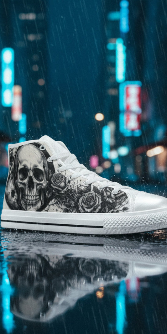 Freaky Shoes® white canvas high top sneakers featuring a gothic skull and rose art print on a rainy city street.