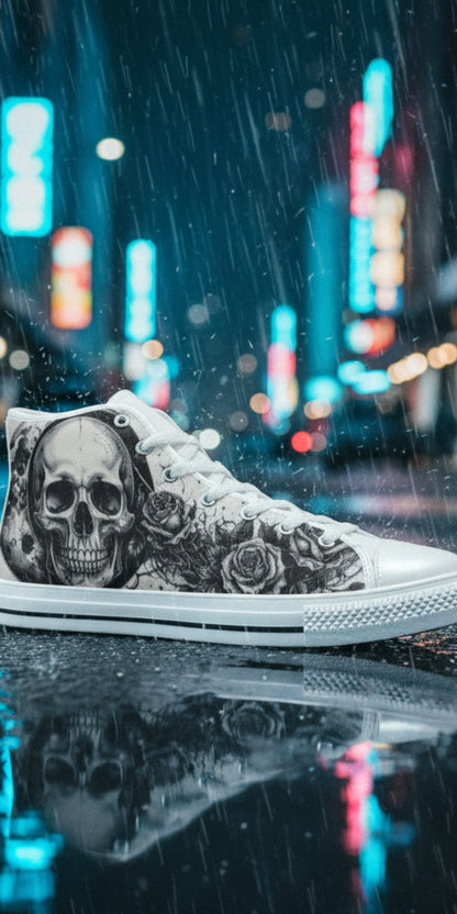 Custom Men's Skull Moon Gothic Dark Art high-top canvas shoes with bold all-over art — Freaky Shoes