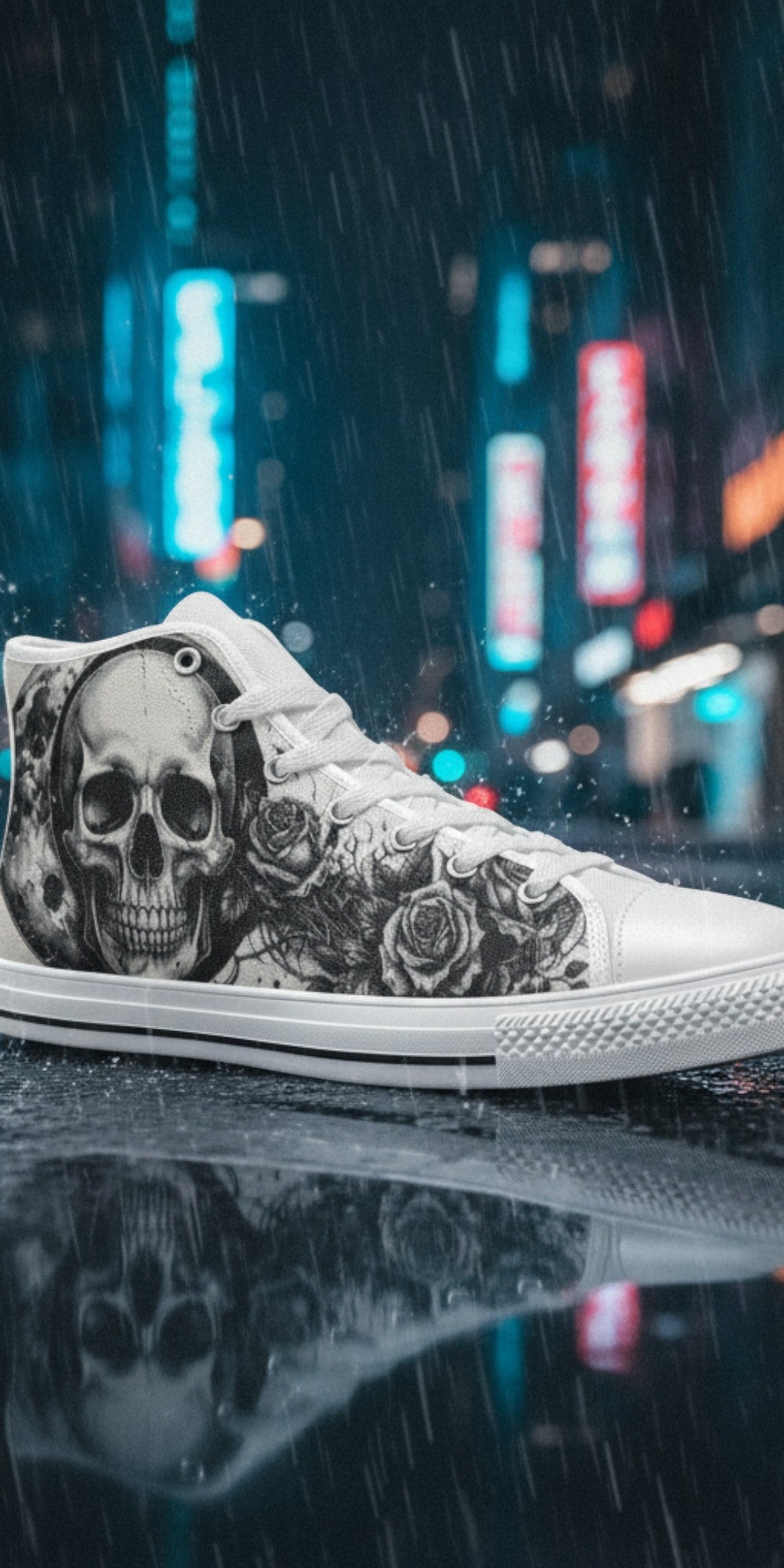 Men's Skull Moon Gothic Dark Art high-top canvas shoes, custom full-wrap printed design — Freaky Shoes