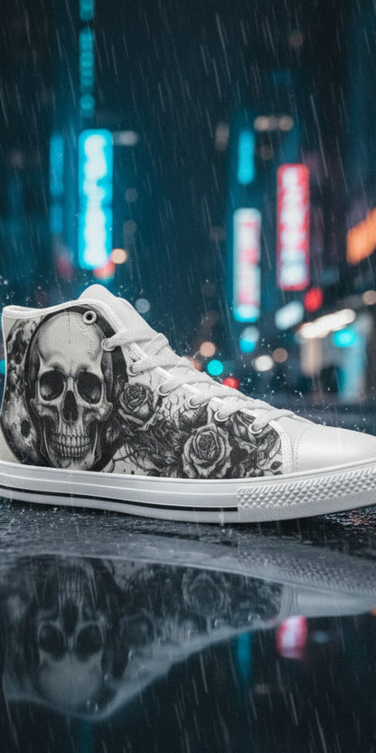 Men's Skull Moon Gothic Dark Art high-top canvas shoes, custom full-wrap printed design — Freaky Shoes