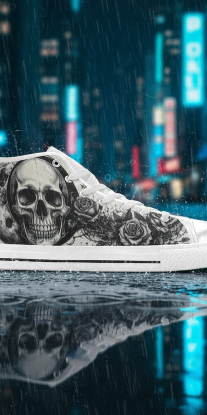 Men's Skull Moon Gothic Dark Art high-top canvas shoes — one-of-a-kind custom printed art, Freaky Shoes