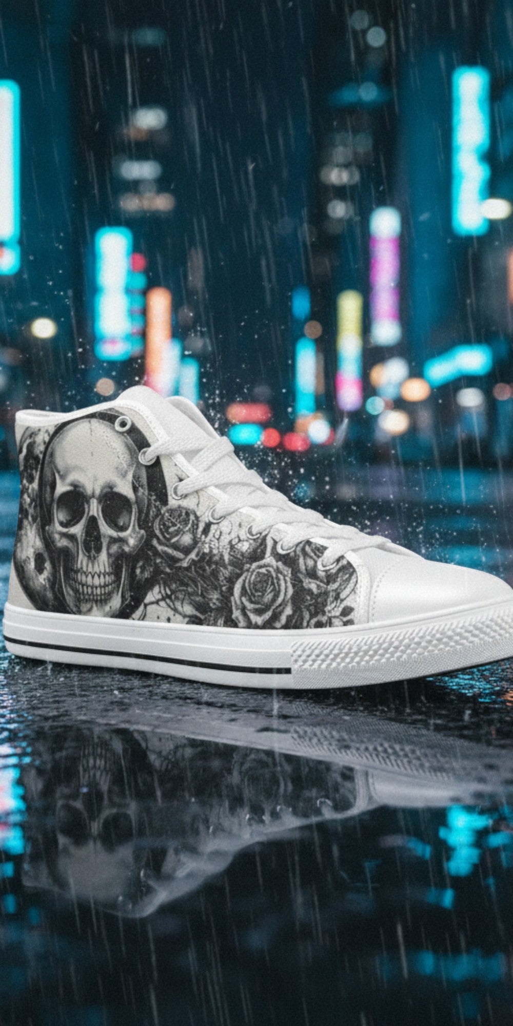 Men's Skull Moon Gothic Dark Art hand-made high-top canvas shoes — unique wearable art by Freaky Shoes