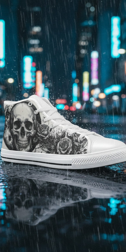 Men's Skull Moon Gothic Dark Art hand-made high-top canvas shoes — unique wearable art by Freaky Shoes