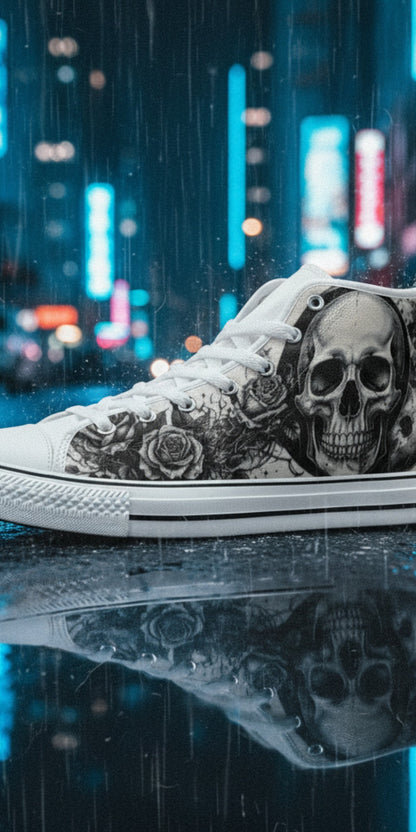 Men's Skull Moon Gothic Dark Art custom high-top canvas shoes — wearable art by Freaky Shoes