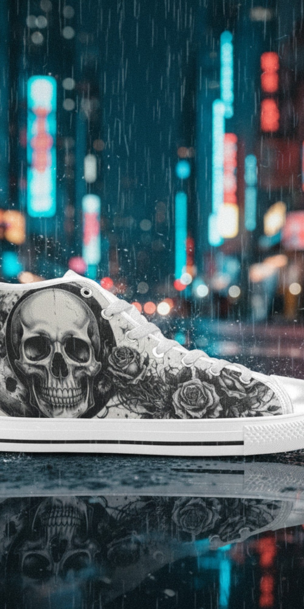 Men's Skull Moon Gothic Dark Art high-top canvas shoes — one-of-a-kind custom printed art, Freaky Shoes