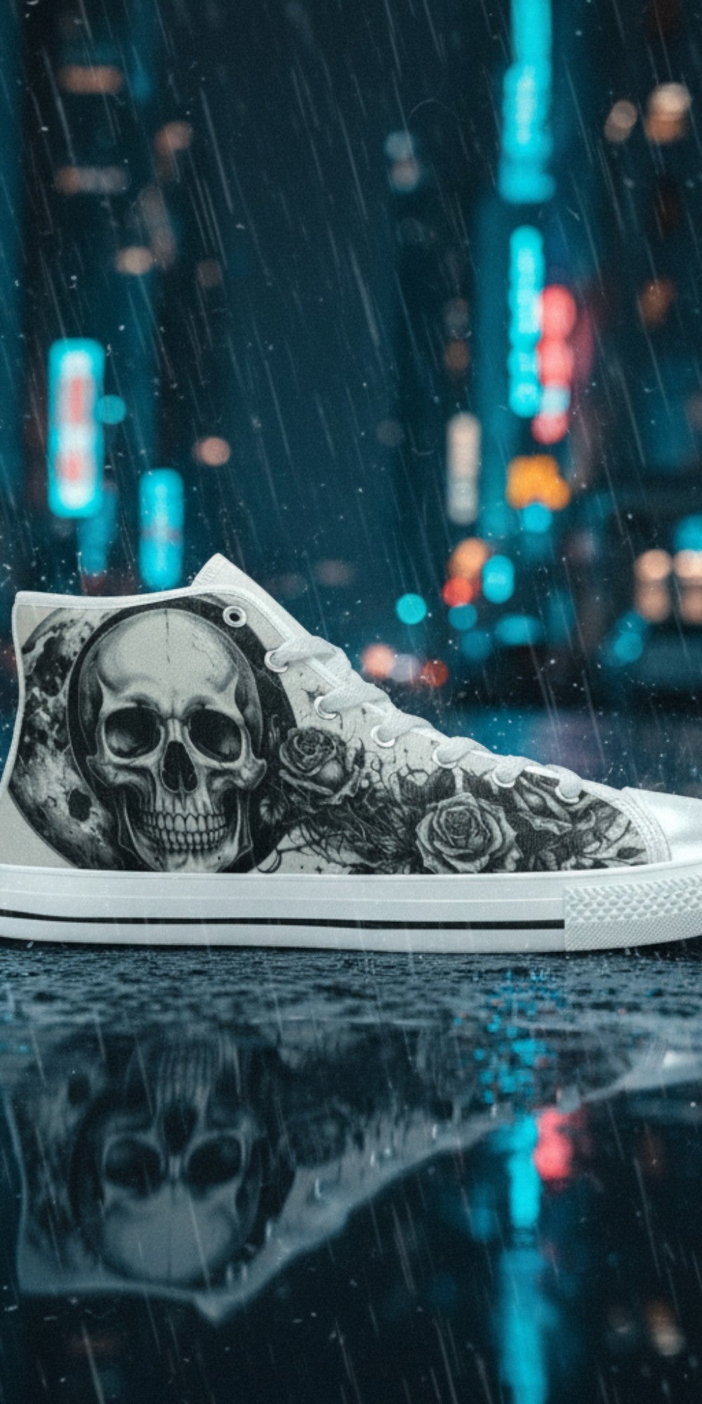 Men's Skull Moon Gothic Dark Art high-top canvas shoes, custom full-wrap printed design — Freaky Shoes