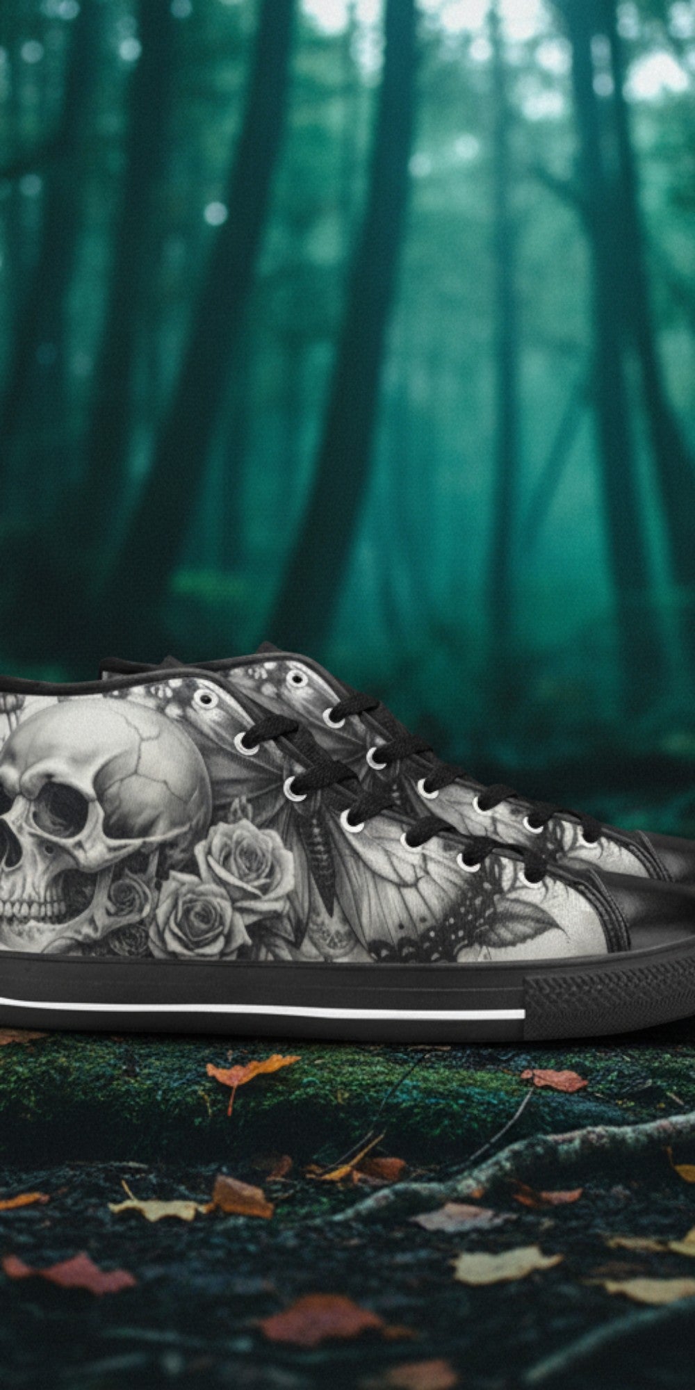 Women's Dark Skull Moon Gothic Dark Art custom high-top canvas shoes — wearable art by Freaky Shoes