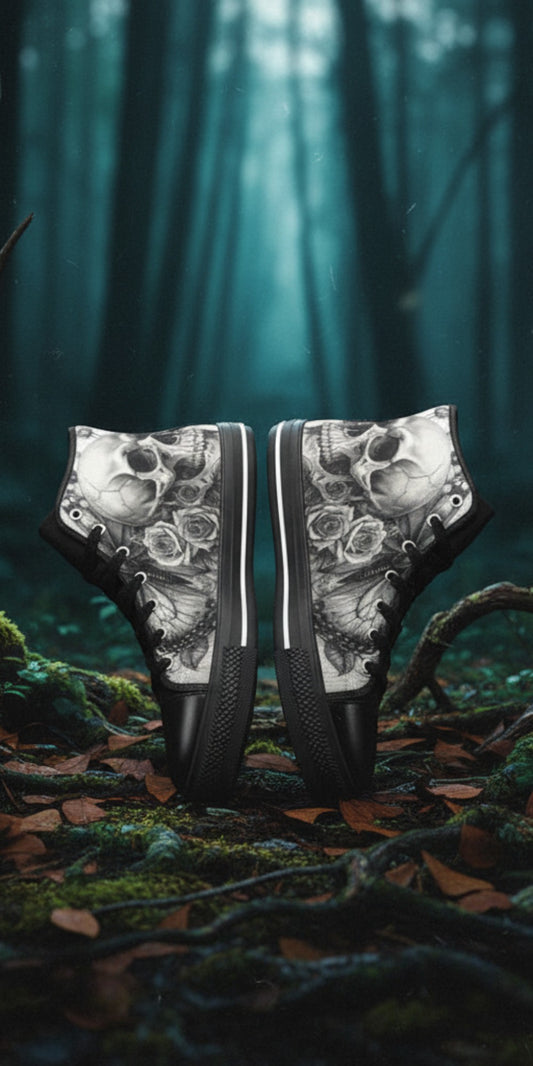 Freaky Shoes® high top canvas sneakers featuring a gothic skull and rose print in a dark, moody forest setting.